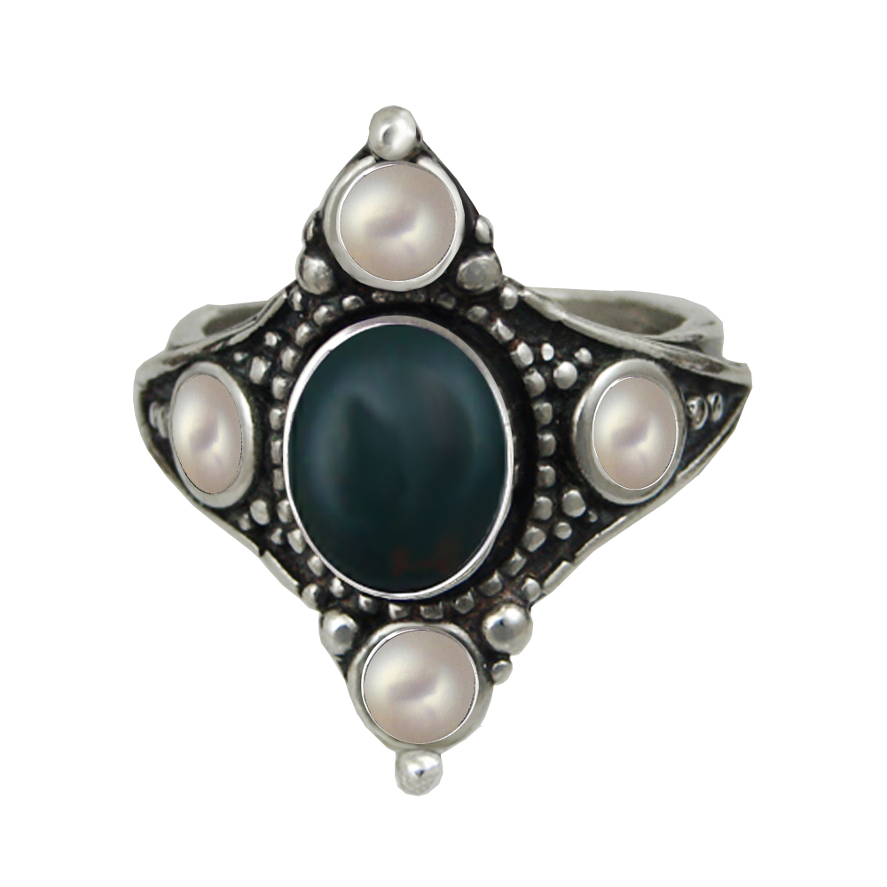 Sterling Silver Queen's Ring With Bloodstone And Cultured Freshwater Pearl Size 9